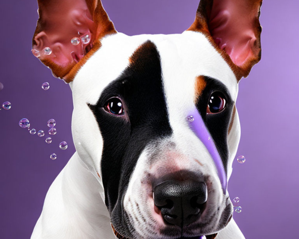 Black and White Dog with Patched Eye and Bubbles on Purple Background
