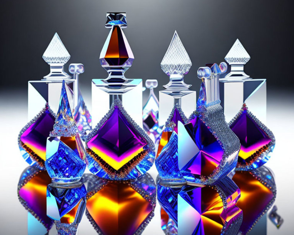 Vibrant Crystal Bottles in Geometric Shapes on Mirrored Surface