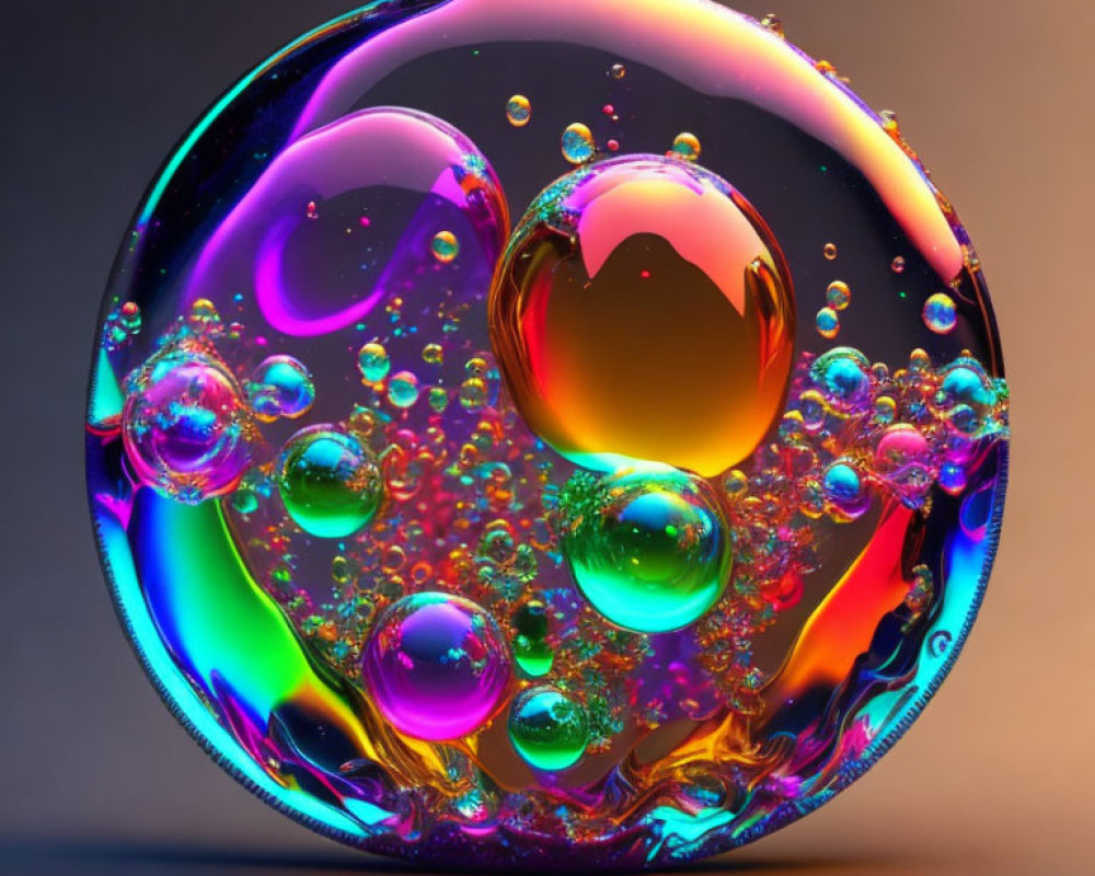 Colorful iridescent soap bubble with smaller bubbles on gradient background