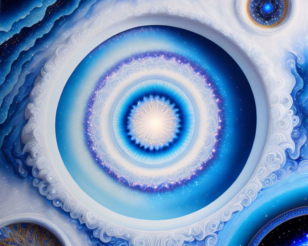 Symmetrical blue and white fractal image with cosmic spiraling patterns