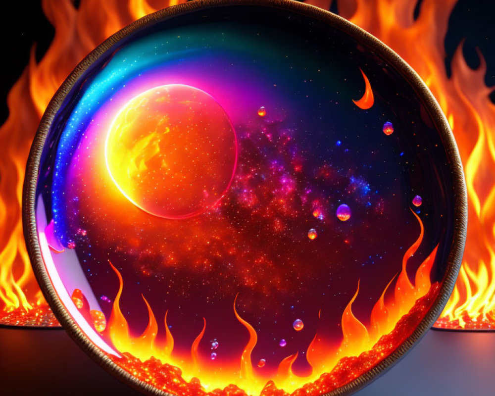 Colorful crystal ball with cosmic scene: fiery sun, planets, animated flames.