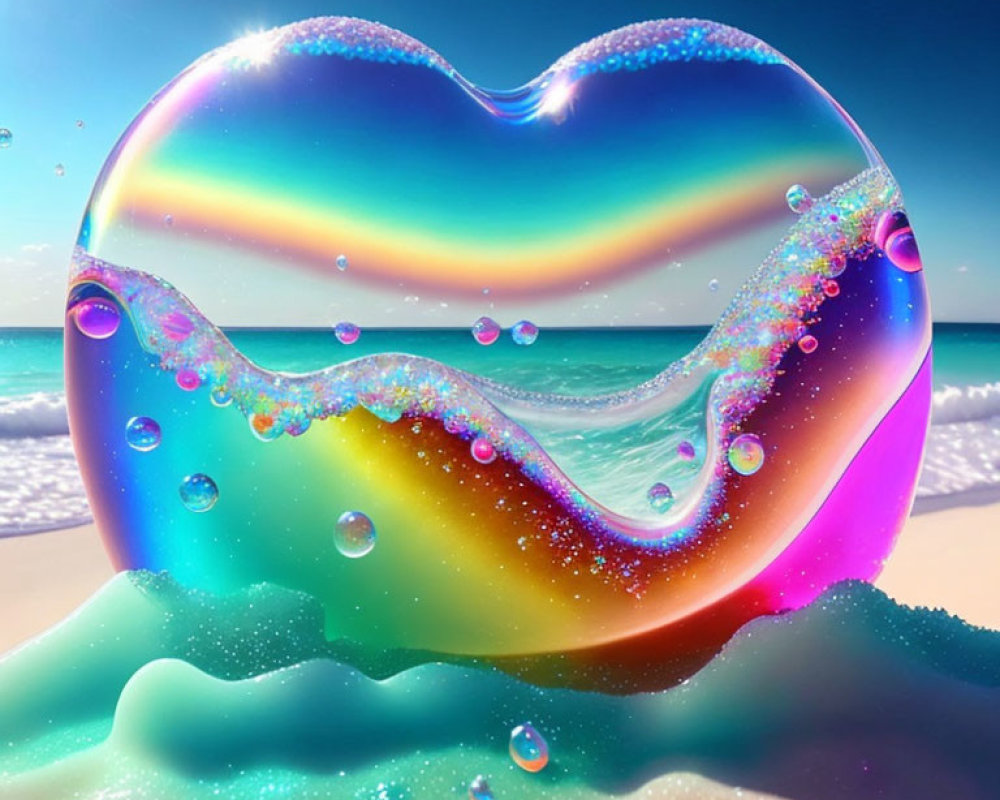 Rainbow-colored heart-shaped bubble on sandy beach with ocean and clear blue sky.