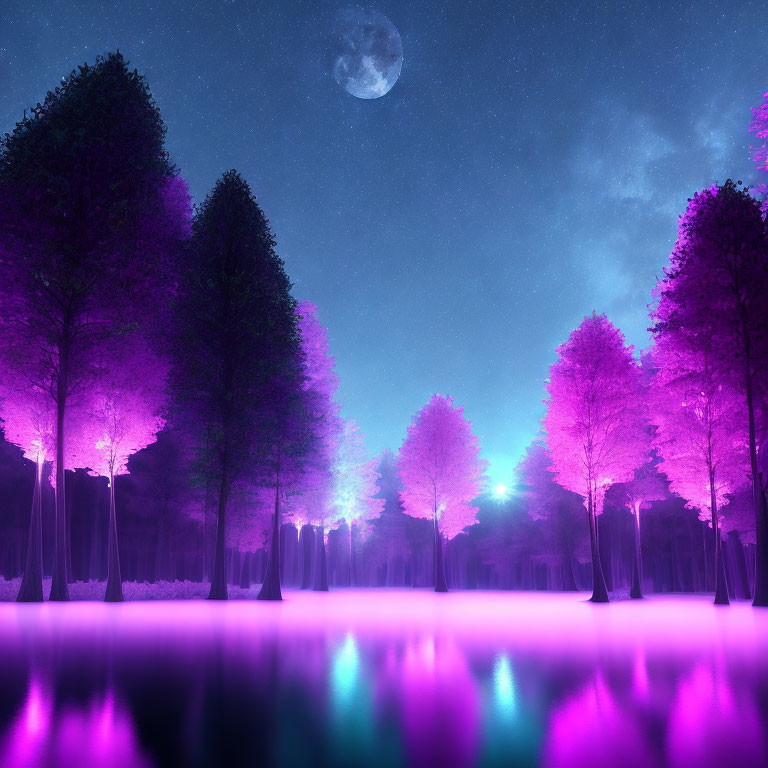 Surreal purple trees reflecting in water under starry sky and full moon