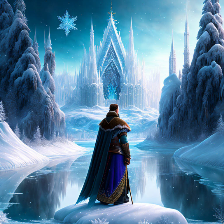 Regal figure admires ice castle in wintry landscape