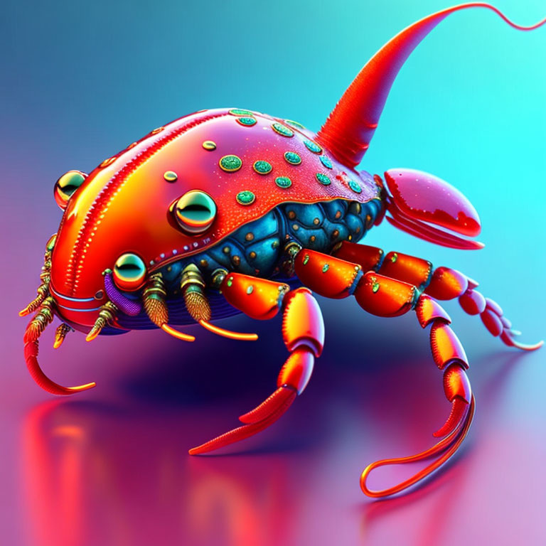 Digital artwork of vibrant mech-style hermit crab on gradient background