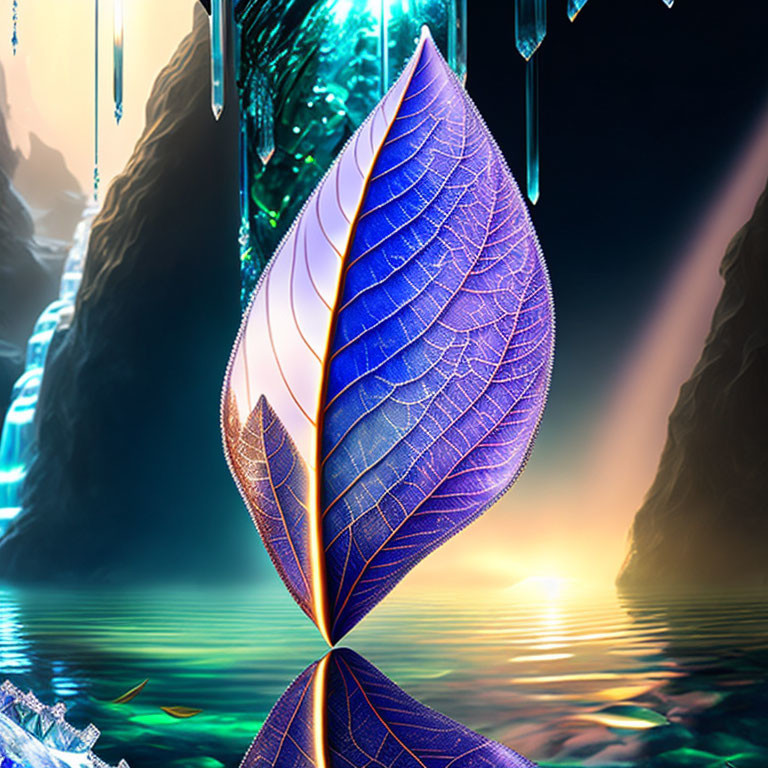 Colorful Translucent Leaf on Reflective Water Surface with Fantastical Backdrop