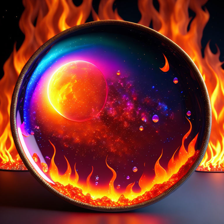 Colorful crystal ball with cosmic scene: fiery sun, planets, animated flames.