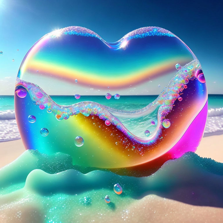 Rainbow-colored heart-shaped bubble on sandy beach with ocean and clear blue sky.