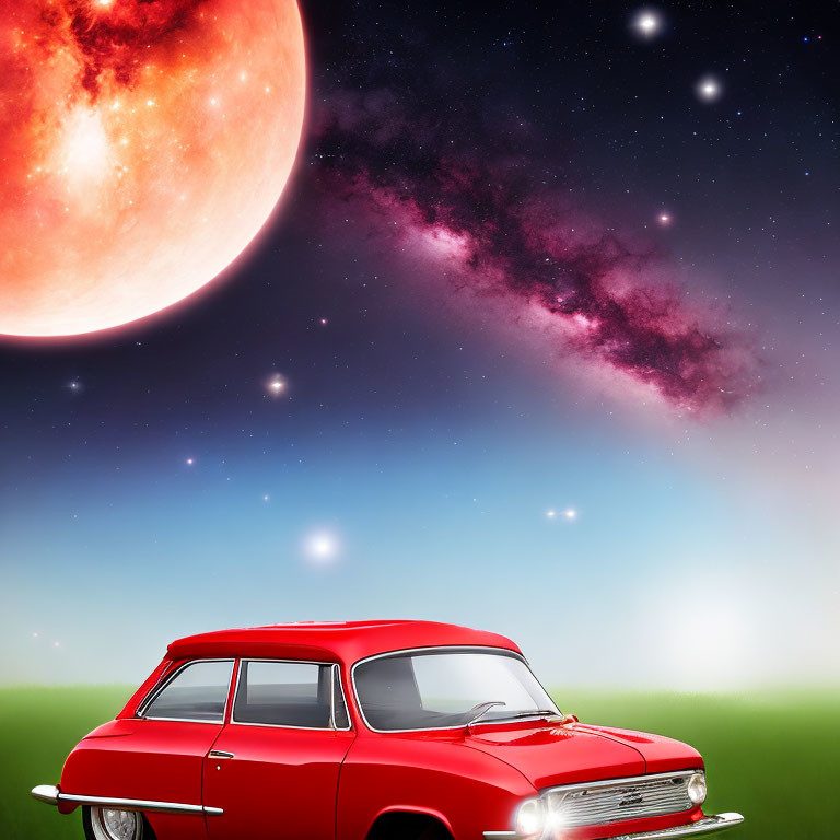 Vintage red car under starry sky with red moon and nebula clouds