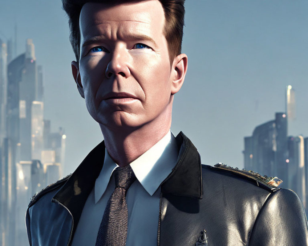 Male character in leather jacket and tie against futuristic cityscape