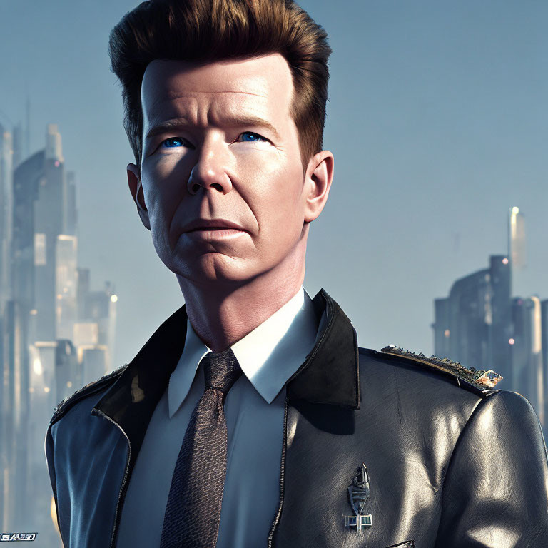 Male character in leather jacket and tie against futuristic cityscape