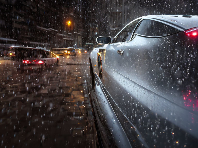 Silver car on wet city street at night with raindrops and blurred cars.