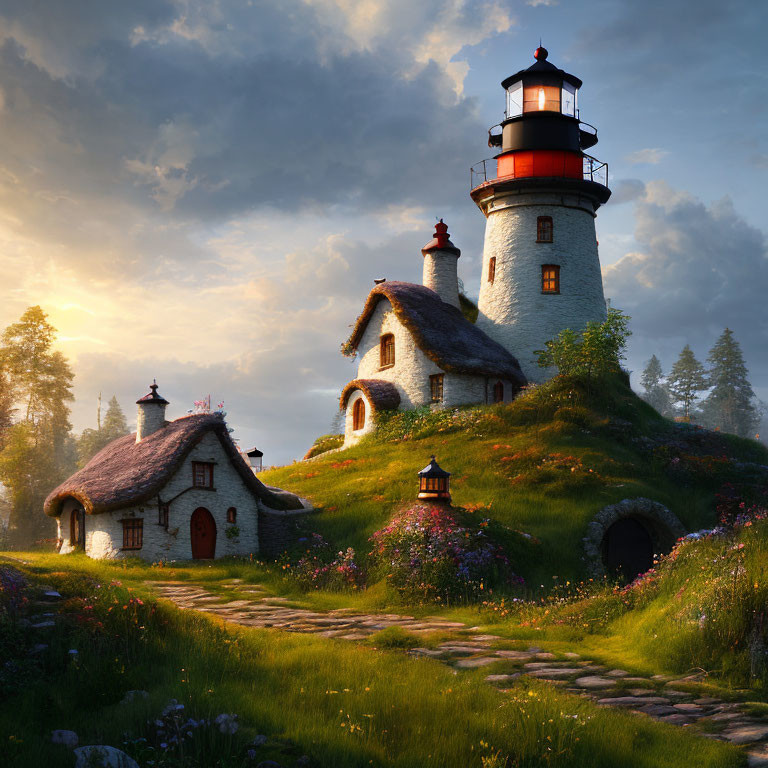 Thatched roofs on lighthouse and cottage in serene sunrise landscape