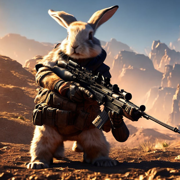 Anthropomorphic Rabbit in Tactical Gear with Sniper Rifle in Desert