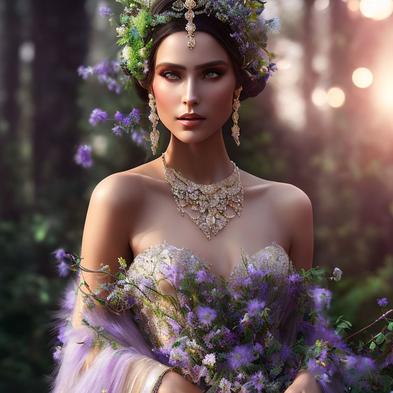 Woman with floral crown and bouquet in forest setting