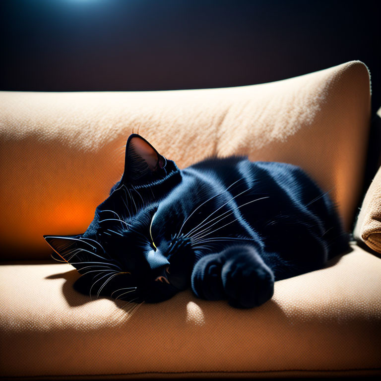 Black Cat Relaxing on Orange Sofa with Warm Light