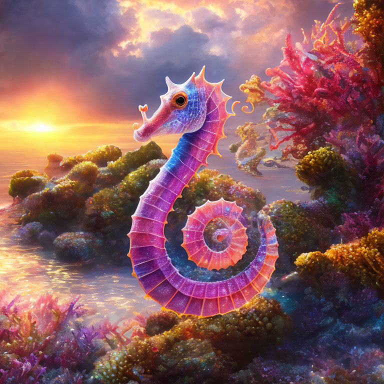 Colorful Sea Dragon Curled Amid Coral Reefs at Sunset
