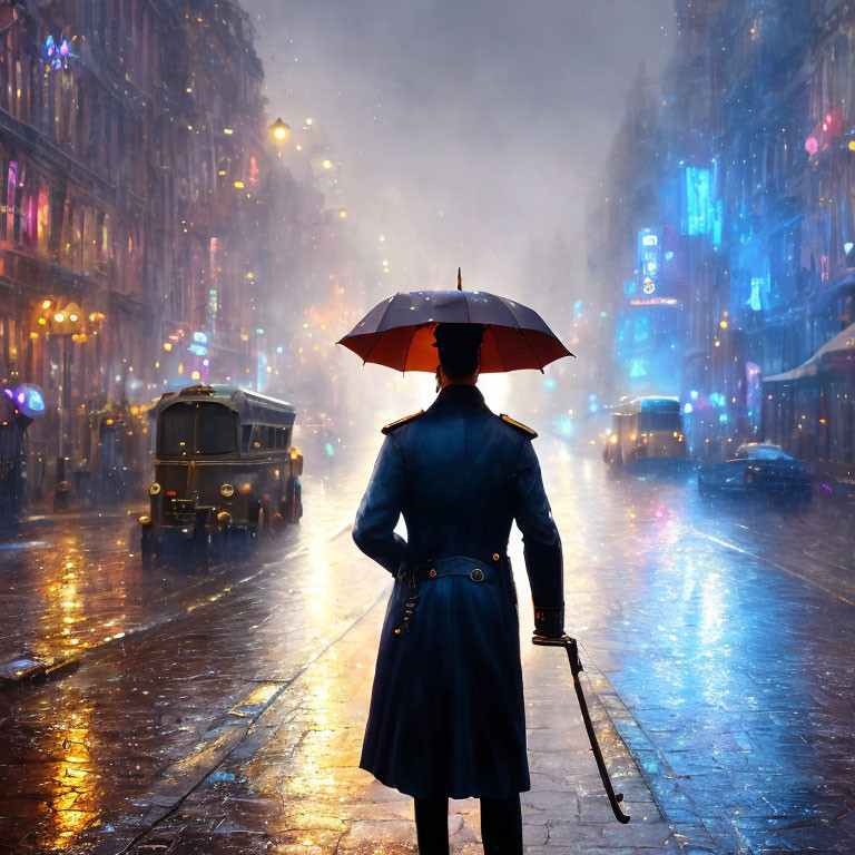 Pedestrian with umbrella on wet, neon-lit street at night with vintage cars - retro-f