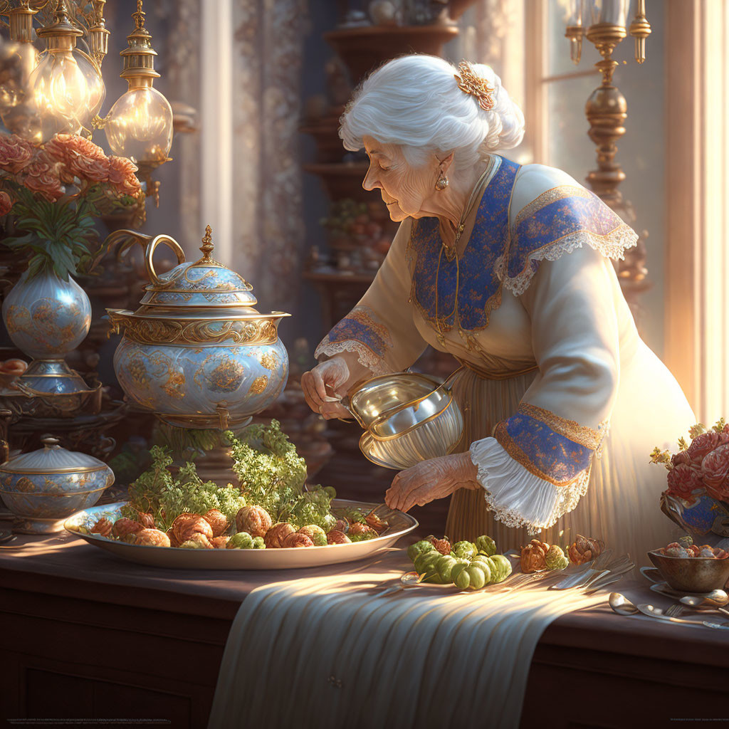 Elderly woman pouring liquid onto food in vintage setting