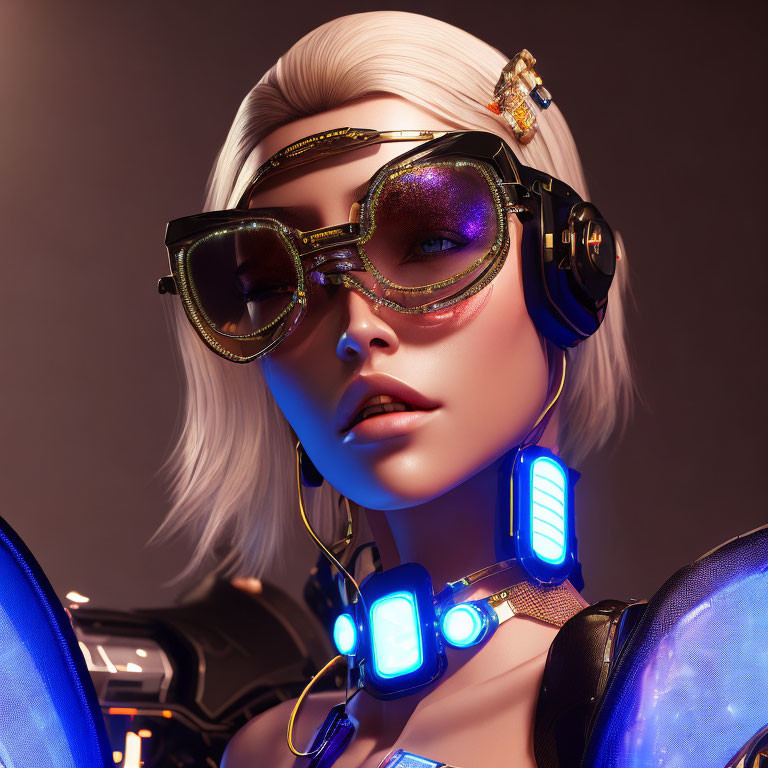 Futuristic 3D Rendered Female Character with Platinum Hair and Blue Neck Tech