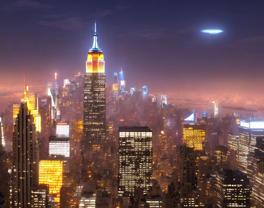 Night view of New York City skyline with lit skyscrapers and unidentified flying object.