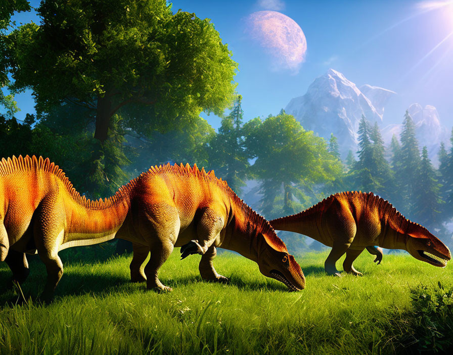 Three Large Orange Dinosaurs Grazing in Prehistoric Forest