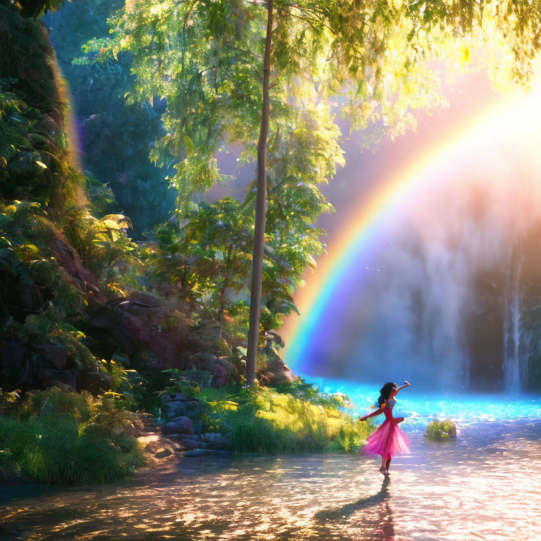 Colorful animated girl dancing in nature scene with rainbow and waterfall