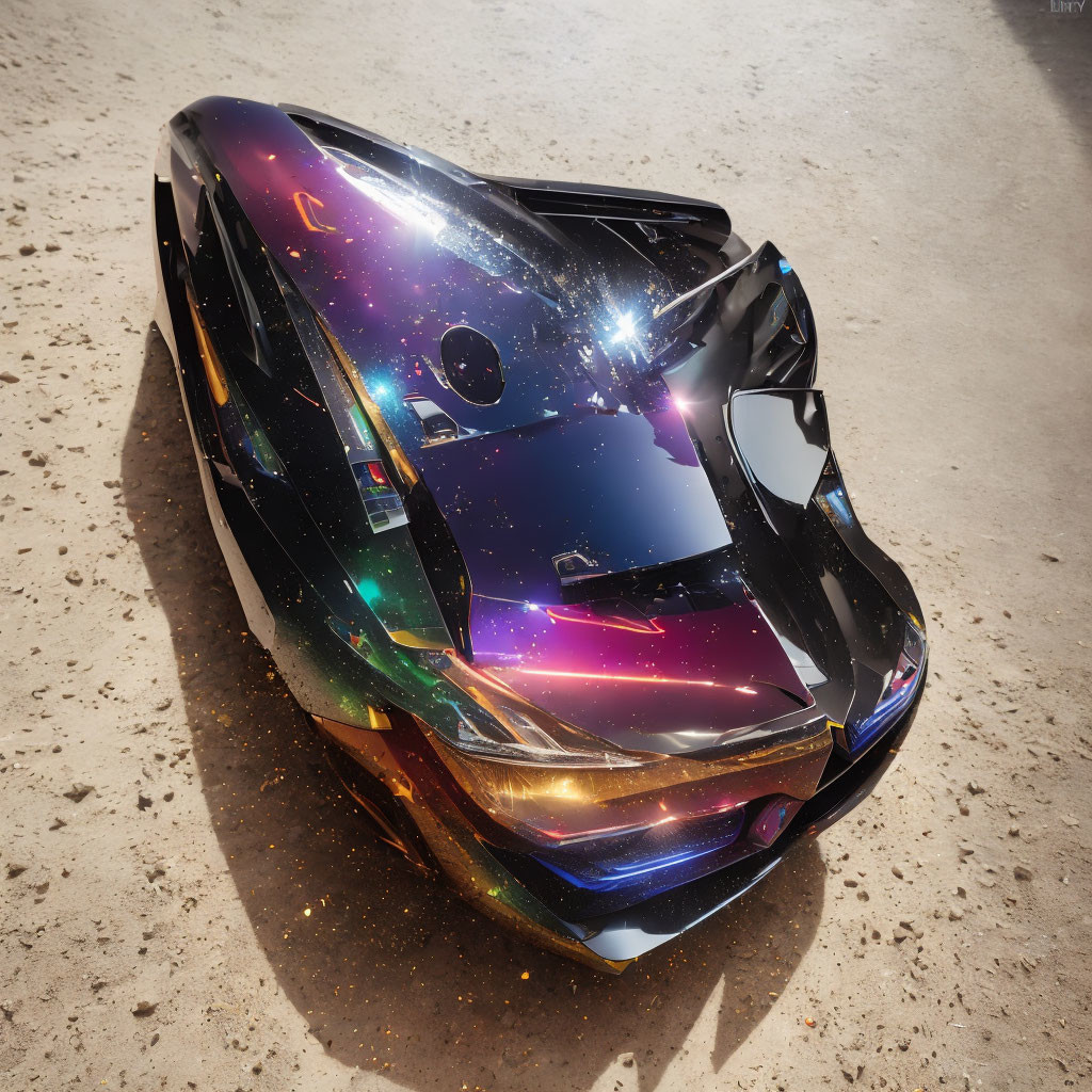 Reflective holographic paint car with cosmic stars and nebulae patterns parked on textured ground