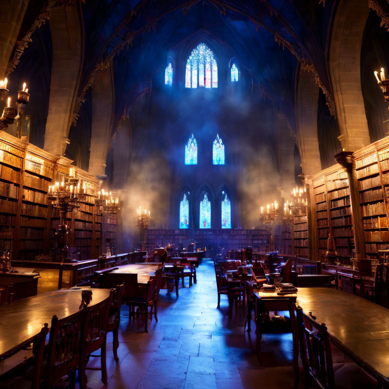 Big Harry Potter style library in darkness