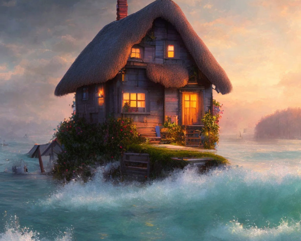 Thatched-Roof Cottage on Small Island at Sunset