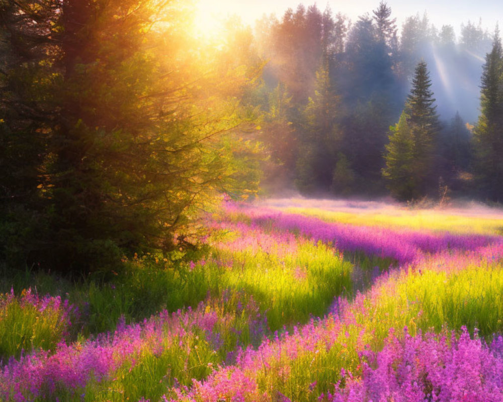 Scenic Sunrise over Vibrant Purple Wildflower Meadow