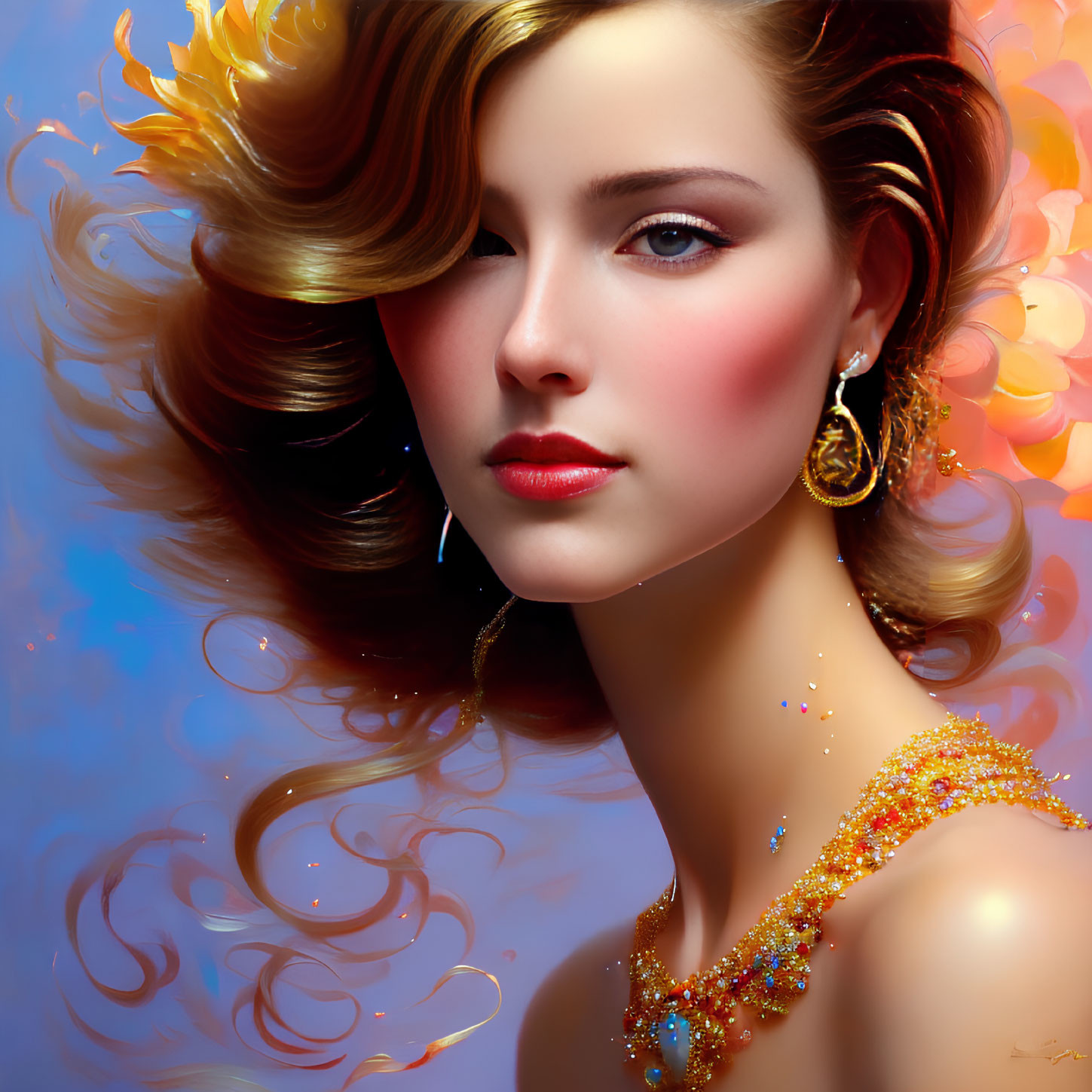 Vibrant digital artwork of a woman with flowing hair and sparkling jewelry