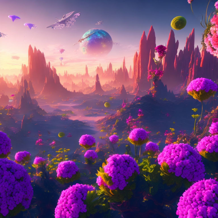 Colorful alien landscape with purple foliage, floating islands, and pink sky.