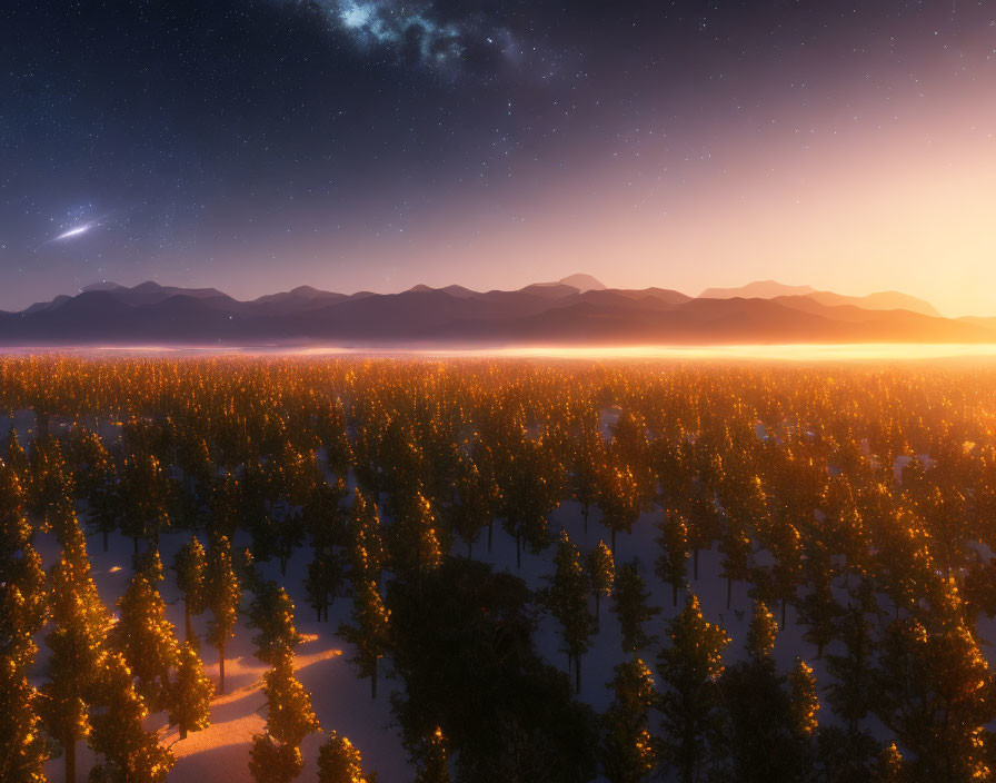Starry night landscape over snowy forest at sunrise or sunset
