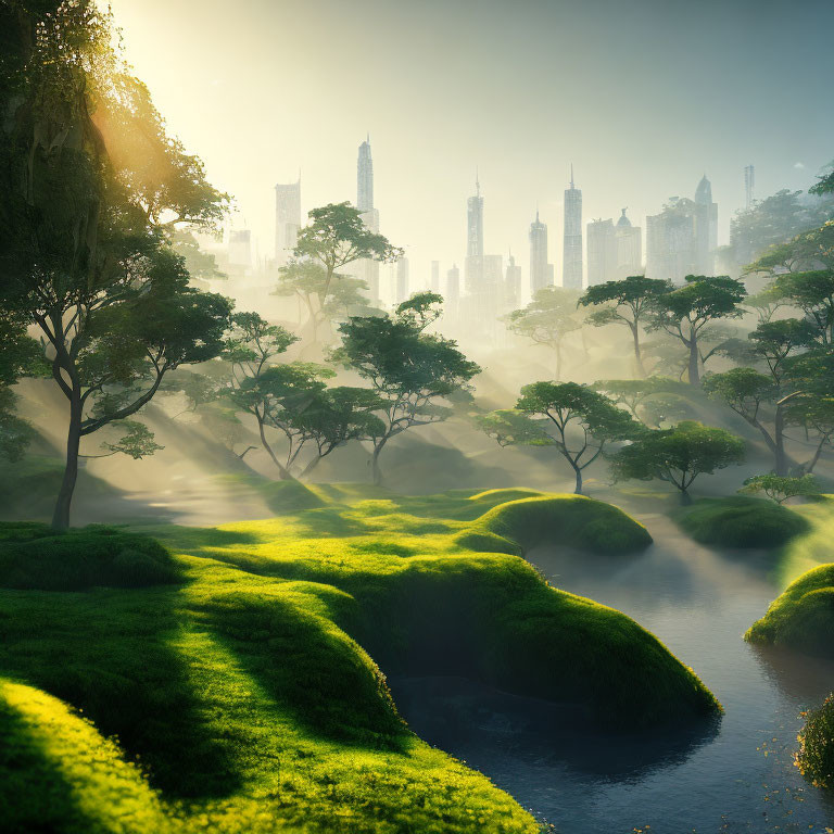 Lush greenery, misty waters, and futuristic skyline in serene landscape