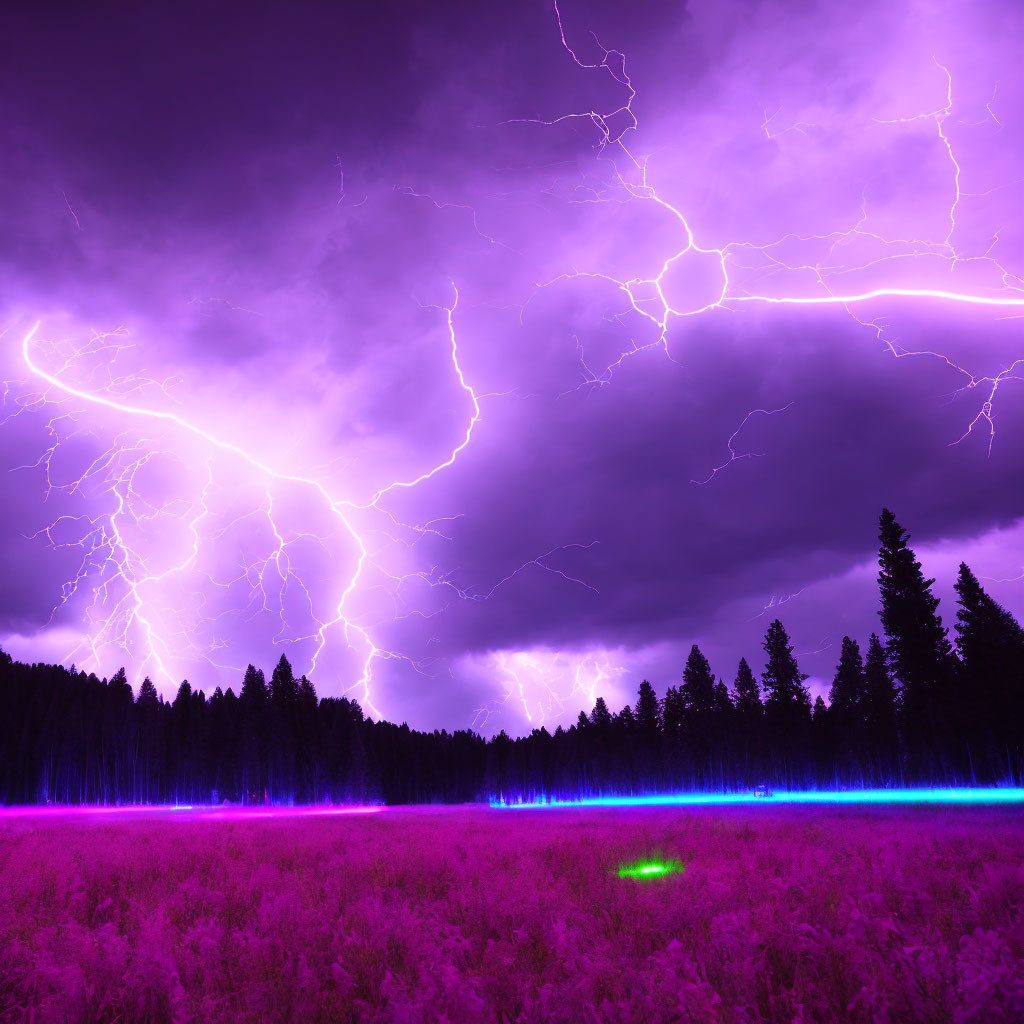 Vivid purple lightning storm over dark forest at night