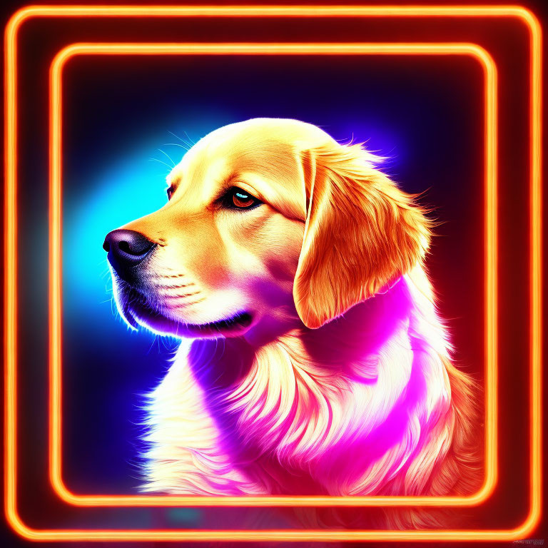 Colorful Digital Artwork: Golden Retriever with Neon Blue and Pink Lighting