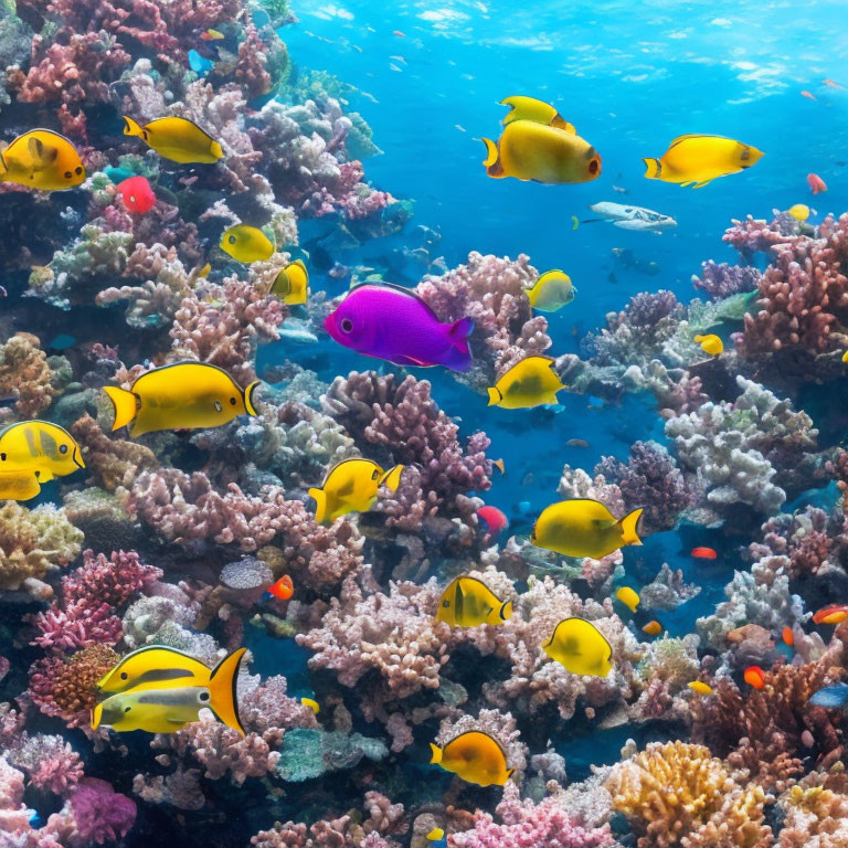 Colorful Tropical Fish Swimming Among Coral Reef in Clear Blue Waters