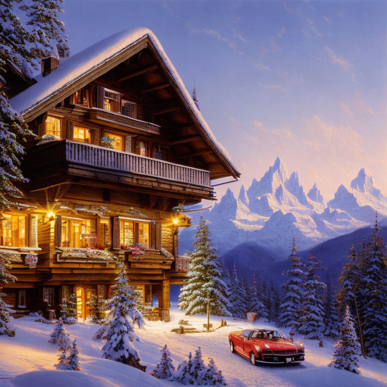 Snowy landscape with illuminated chalet and mountains at dusk