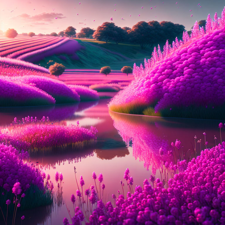 Tranquil Lavender Fields by Waterway at Dusk