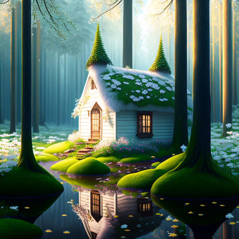 Snow-covered roof house in enchanted forest with lush greenery and serene water.