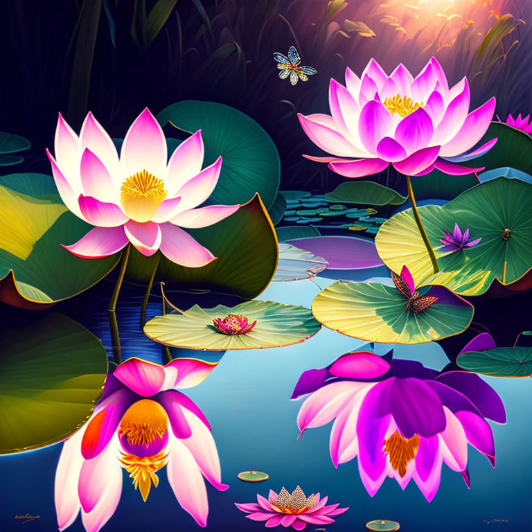 Colorful digital artwork featuring pink lotus flowers, green pads, dragonfly, and water reflections.
