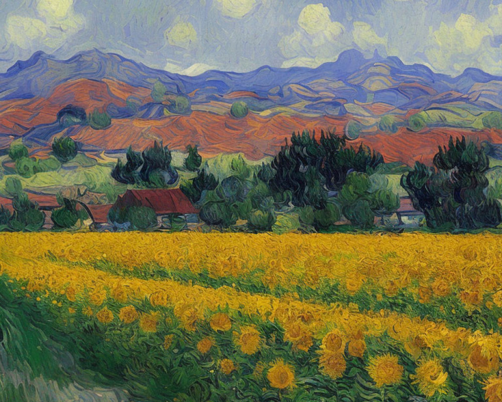 Sunflower Field Painting with Path, Houses, Hills, and Cloudy Sky