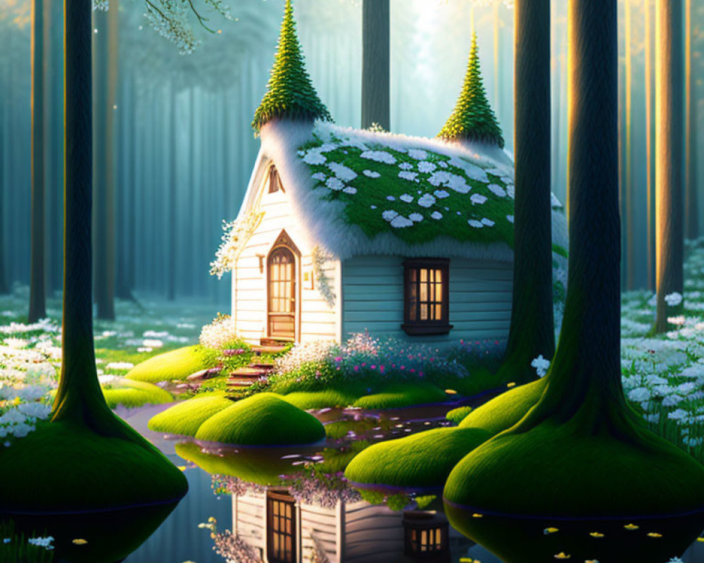 Snow-covered roof house in enchanted forest with lush greenery and serene water.