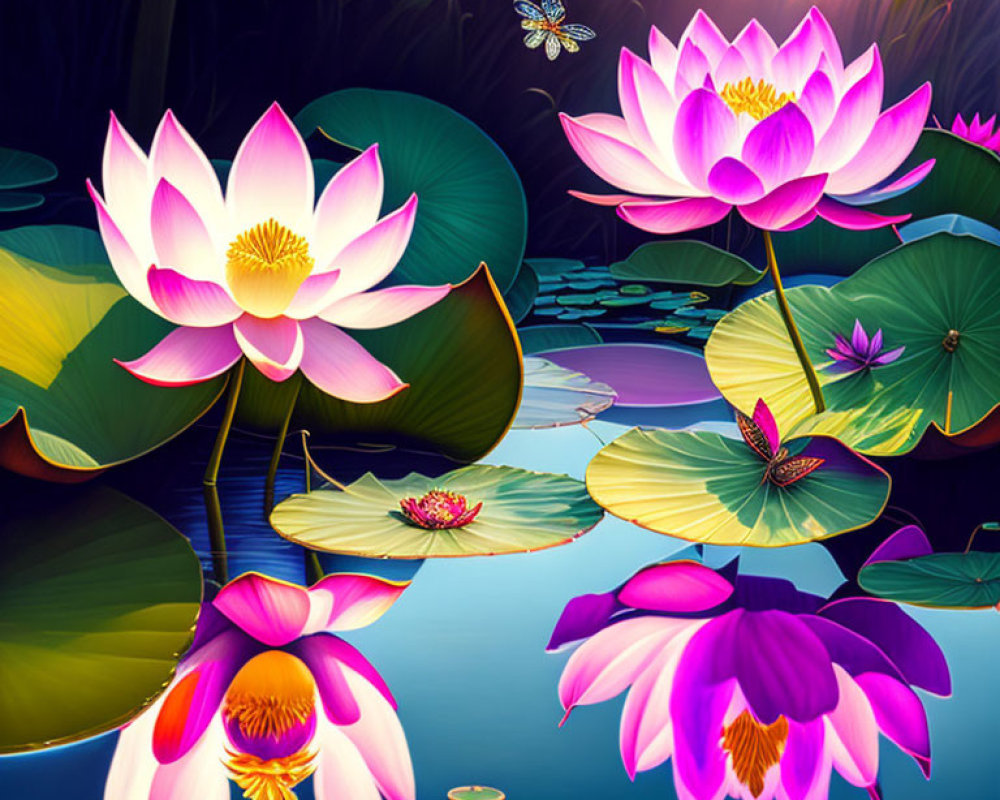 Colorful digital artwork featuring pink lotus flowers, green pads, dragonfly, and water reflections.