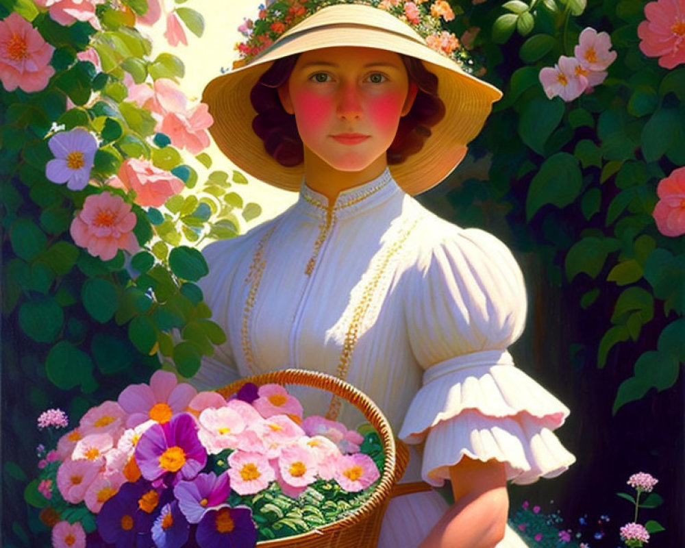 Woman in wide-brimmed hat with flowers in front of blooming roses