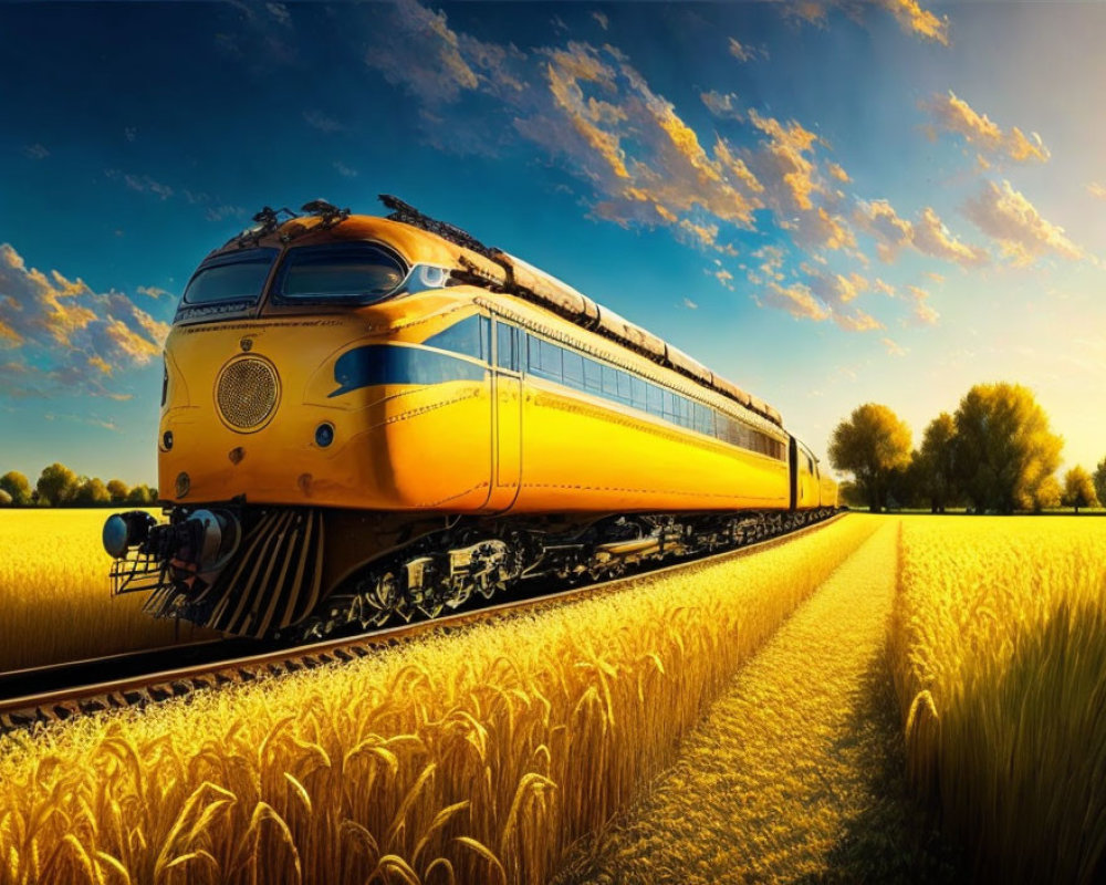 Vintage Yellow Train in Golden Wheat Fields at Sunset