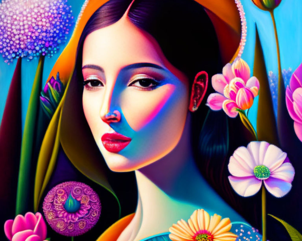 Colorful portrait of a woman in traditional attire with vibrant lighting and floral backdrop