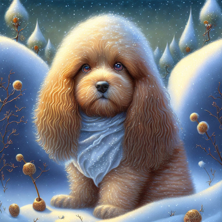 Fluffy brown dog in white scarf in snowy landscape