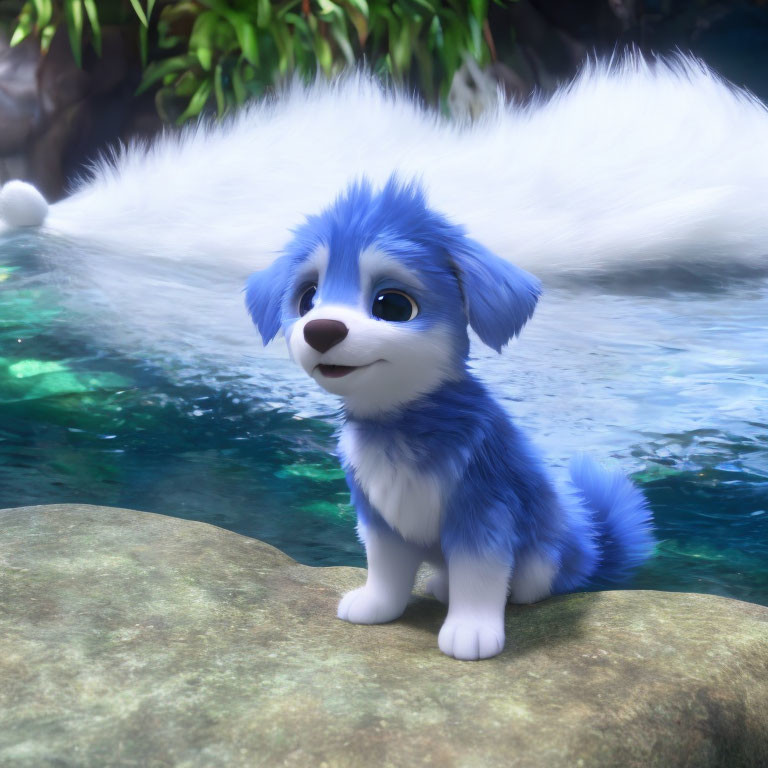 Animated blue and white puppy with big eyes sitting by water and rock